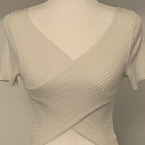 Debut White Ribbed Crossover Cropped Top  Small
